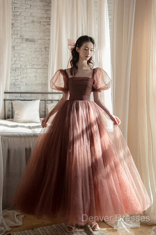 Lovely Puffy Sleeves Tulle Long Party Dress, Scoop Ball Gown Long Prom Dress Secondary image