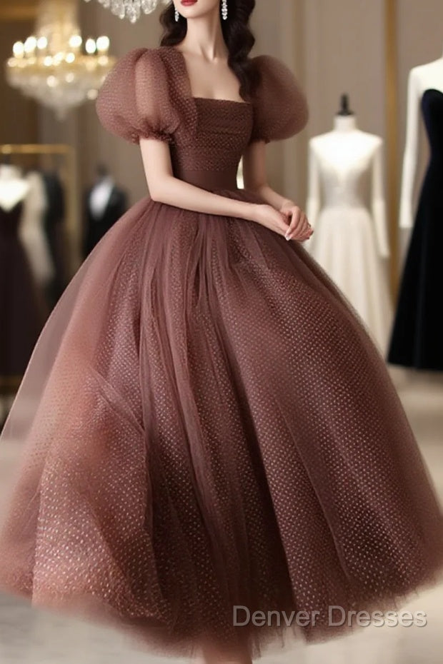 Lovely Puffy Sleeves Tulle Long Party Dress, Scoop Ball Gown Long Prom Dress