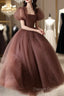 Lovely Puffy Sleeves Tulle Long Party Dress, Scoop Ball Gown Long Prom Dress