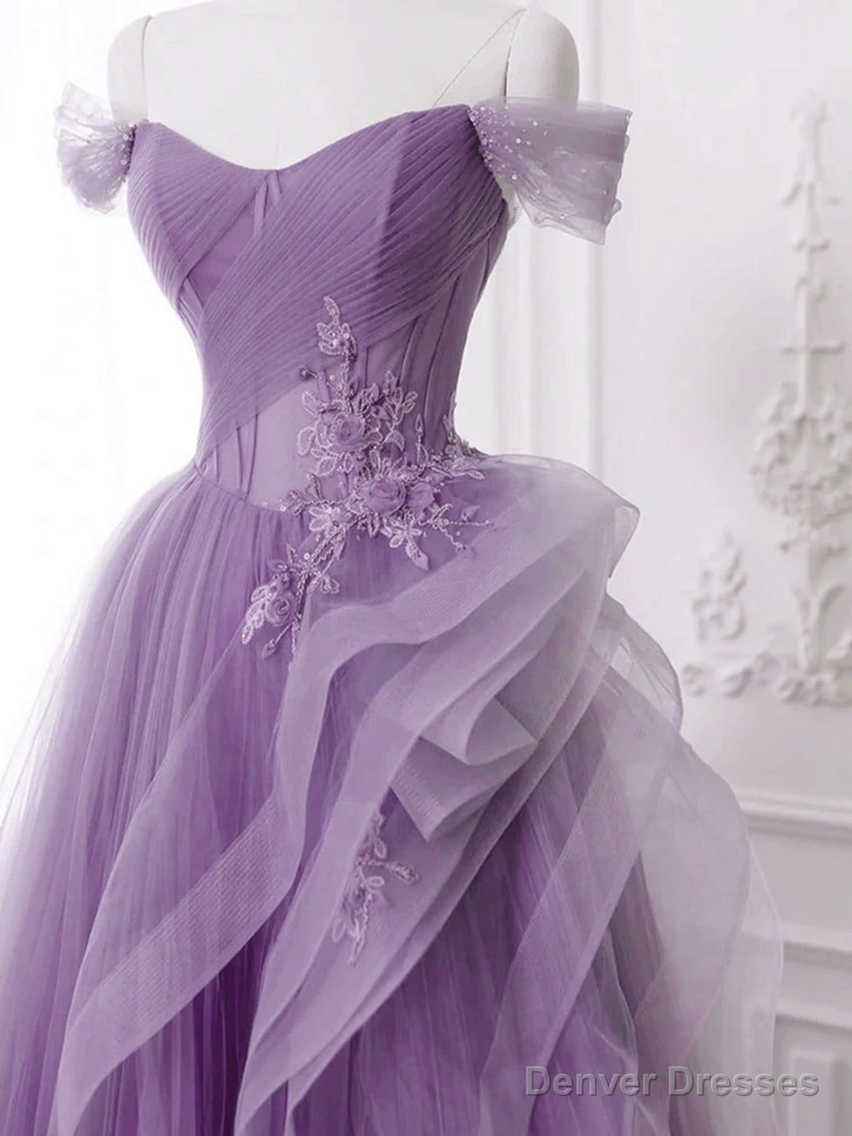 Lovely Purple A-line Tulle with Lace Applique Prom Dress, Purple Long Formal Dress Secondary image