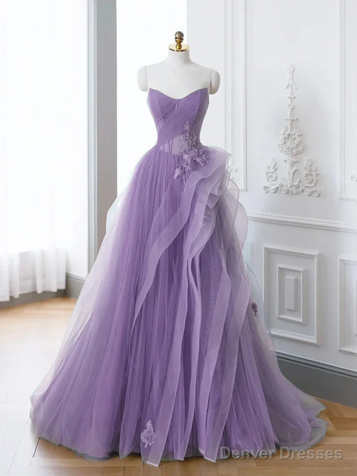 Lovely Purple A-line Tulle with Lace Applique Prom Dress, Purple Long Formal Dress Main image
