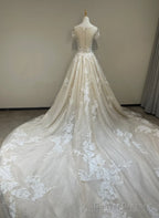 Lovely Round Neckline Tulle With Lace Applique Wedding Party Dress, Tulle Wedding Dress