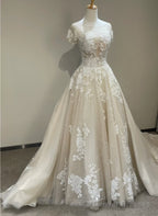 Lovely Round Neckline Tulle With Lace Applique Wedding Party Dress, Tulle Wedding Dress