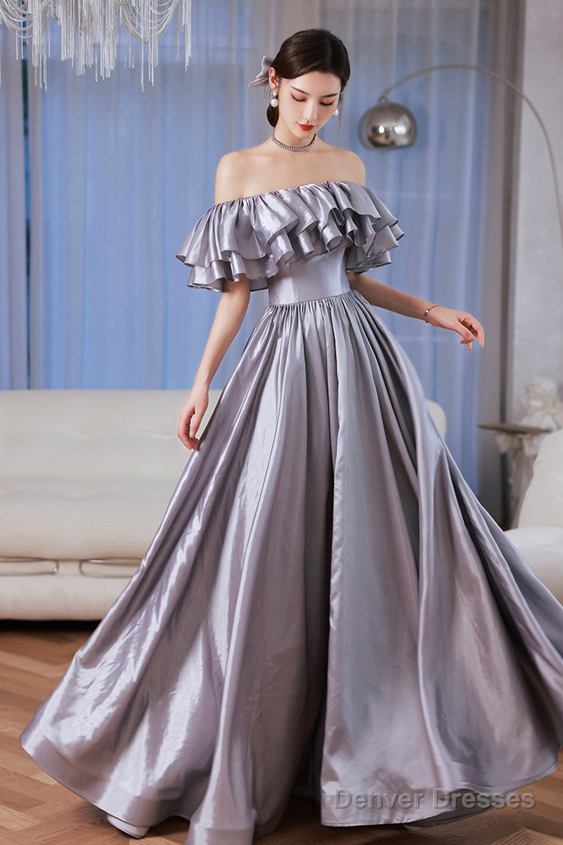 Lovely Satin Floor Length Prom Dress, Off Shoulder Evening Dress With Bow Main image