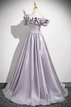 Lovely Satin Floor Length Prom Dress, Purple A-Line Off Shoulder Evening Dress
