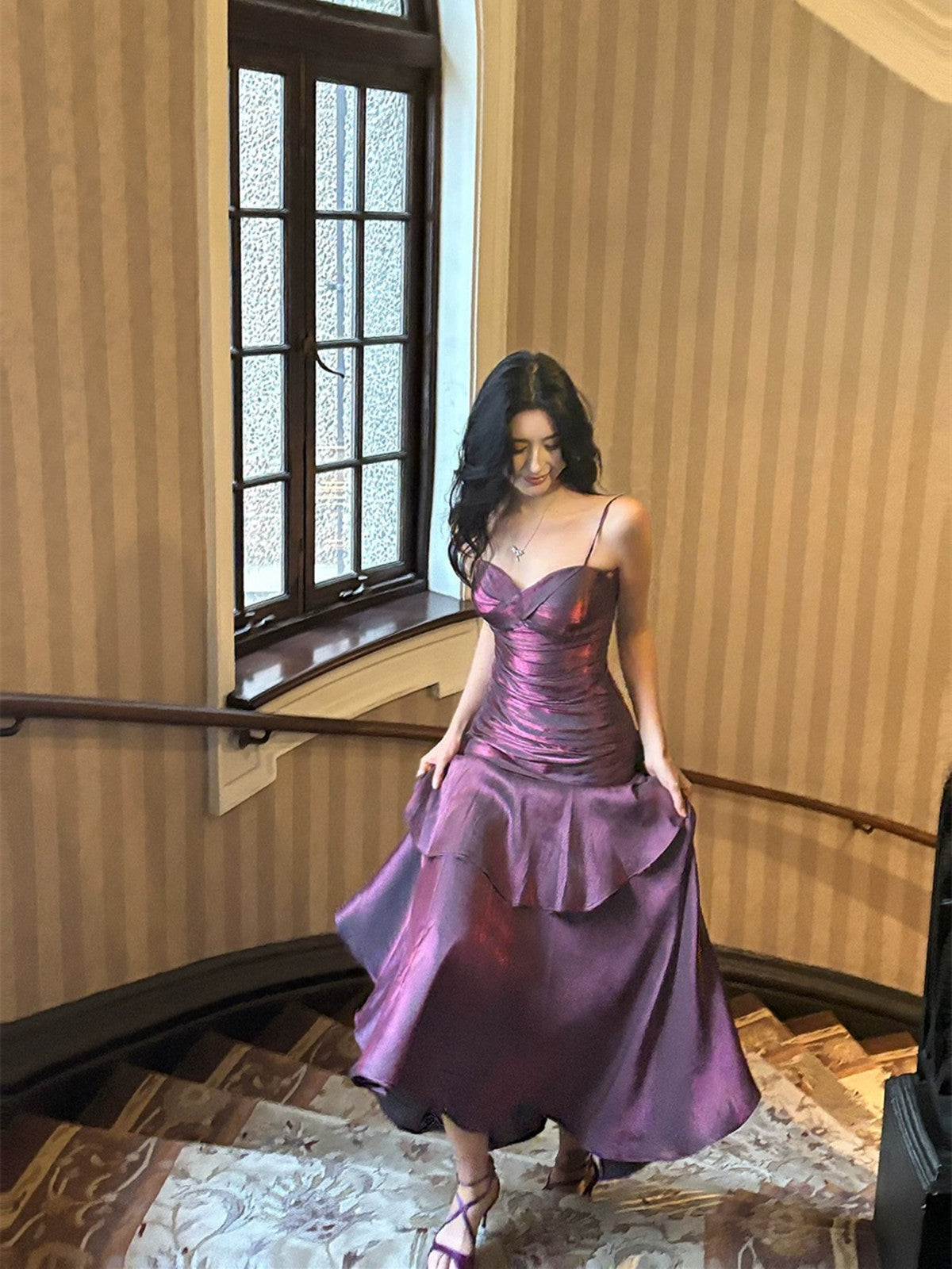 Lovely Satin Purple Straps Mermaid Long Formal Dress, Purple Prom Dress Party Dress Secondary image