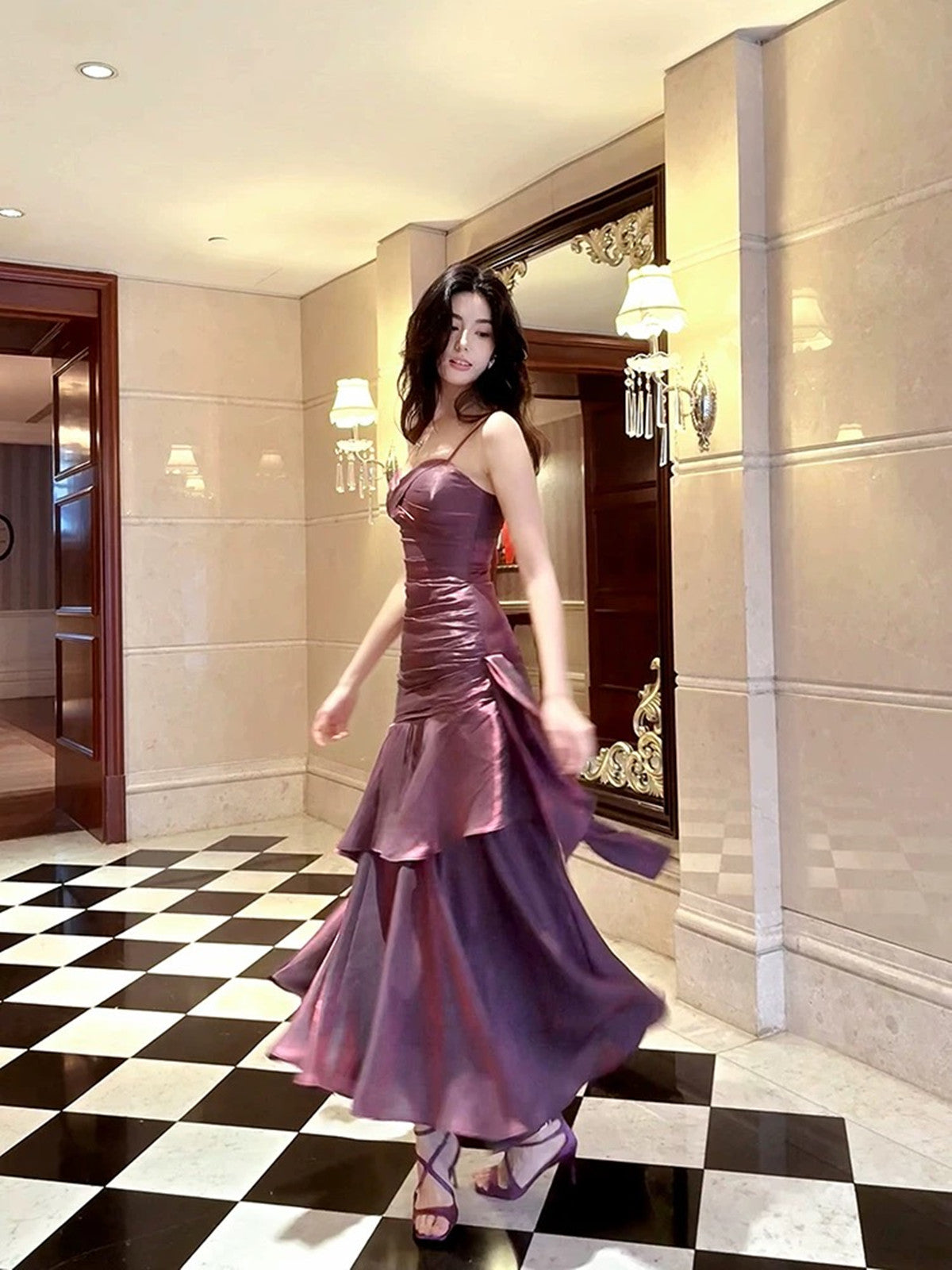 Lovely Satin Purple Straps Mermaid Long Formal Dress, Purple Prom Dress Party Dress