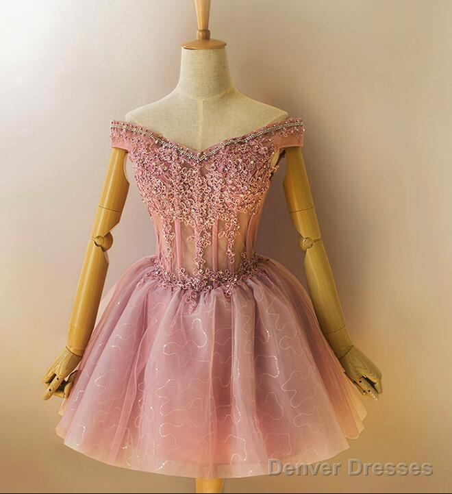 Lovely Sequins And Lace Off Shoulder Short Party Dress, Pink Homecoming Dreses Secondary image