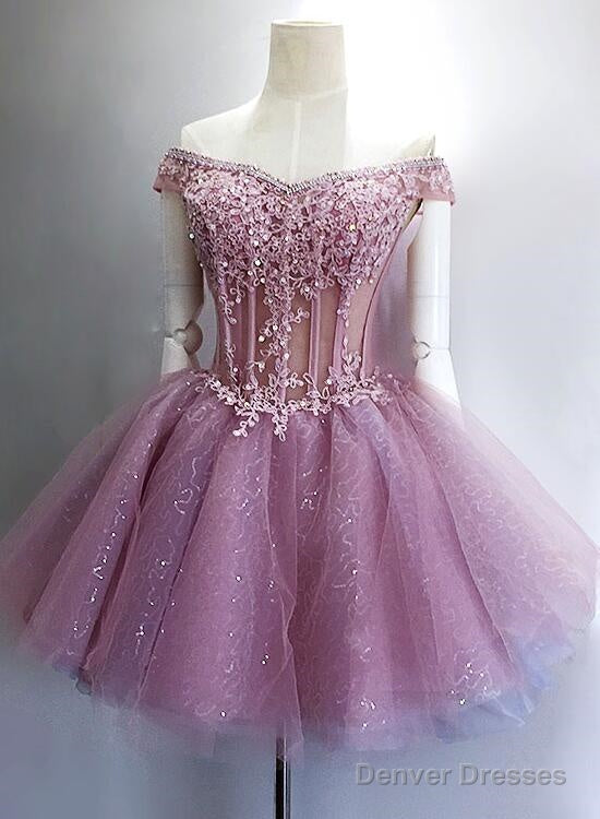 Lovely Sequins And Lace Off Shoulder Short Party Dress, Pink Homecoming Dreses Main image
