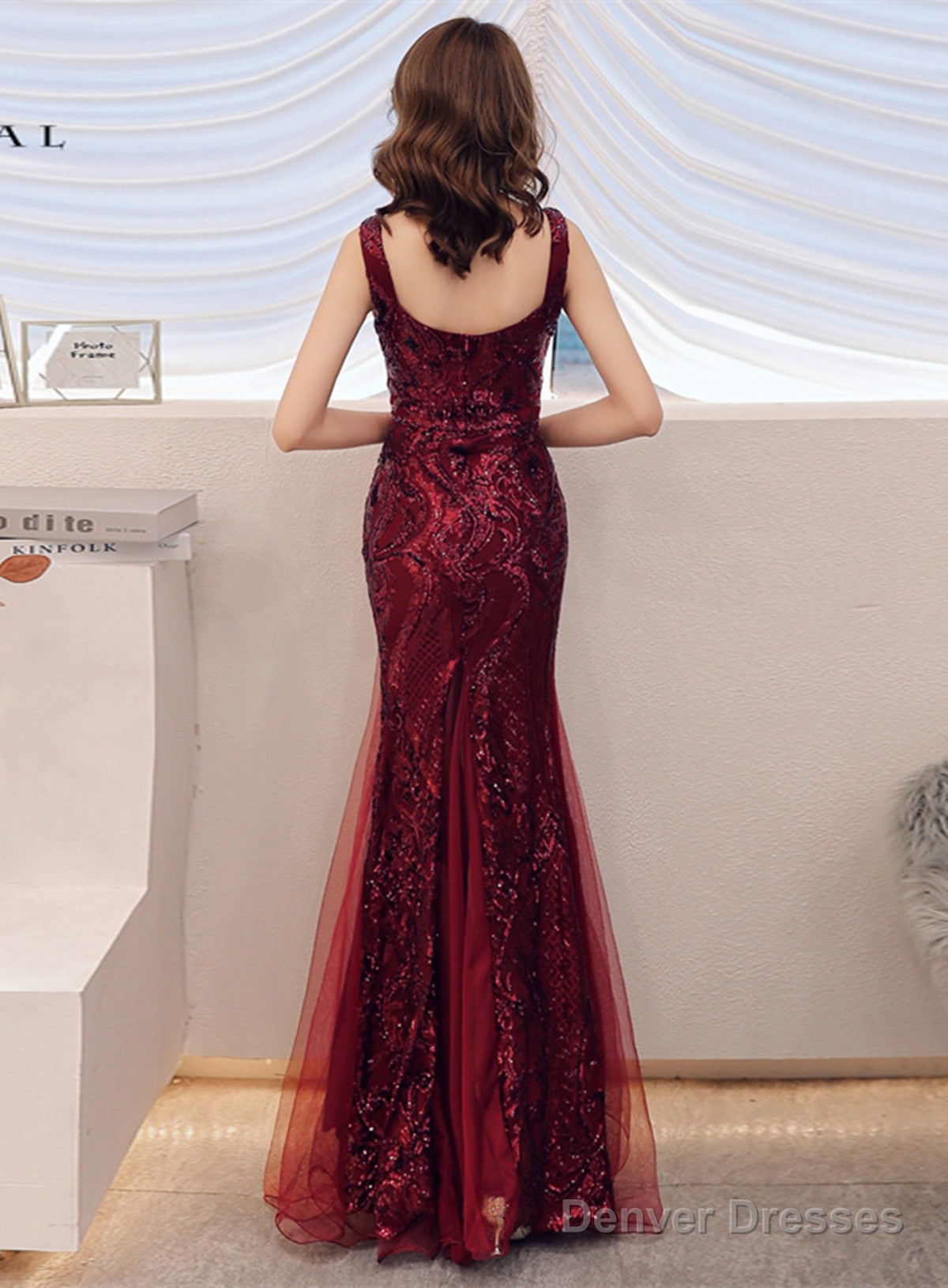 Lovely Sequins Mermaid Tulle And Sequins Party Dress, Wine Red Prom Dress