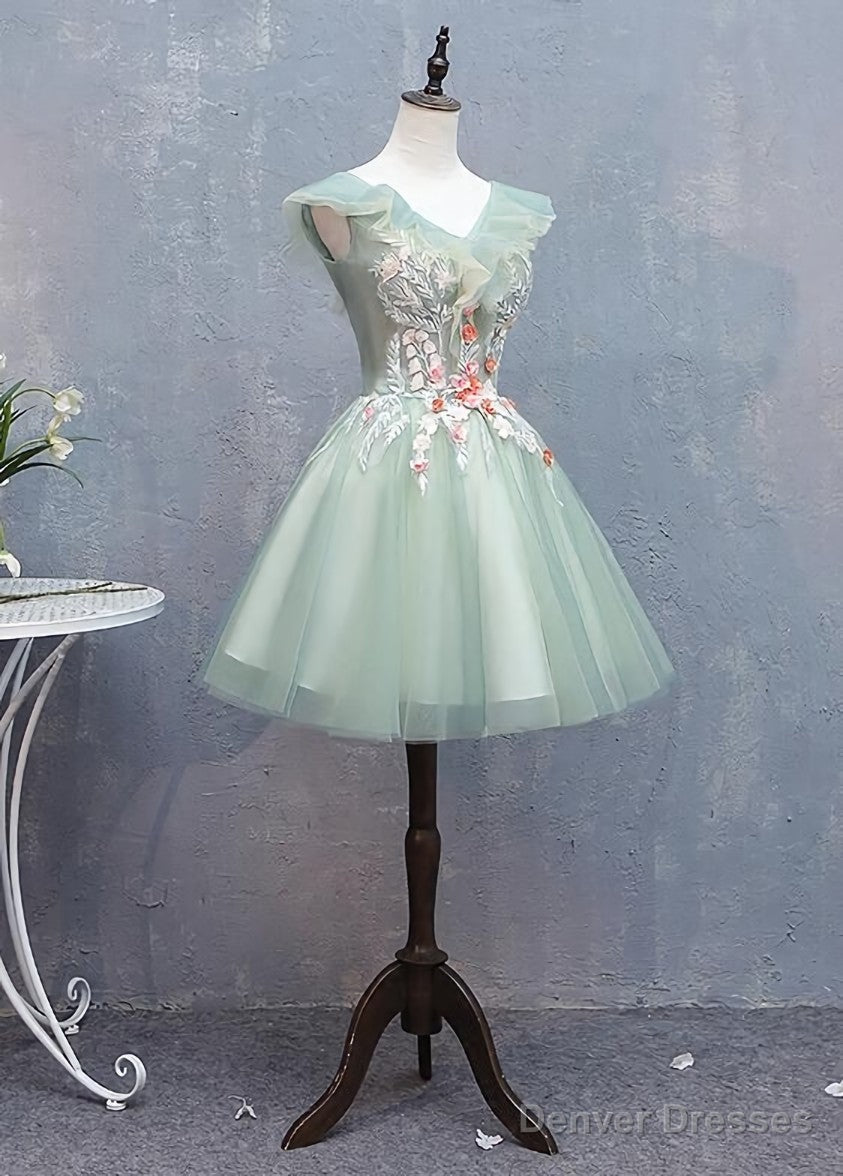 Lovely Short Tulle V-neckline with Flower Lace Party Dress Homecoming Dress, Short Formal Dresses Secondary image