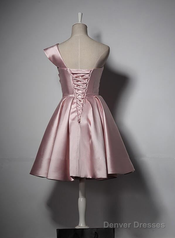 Lovely Simple One Shoulder Pink Bridesmaid Dress, Pink Satin Homecoming Dress