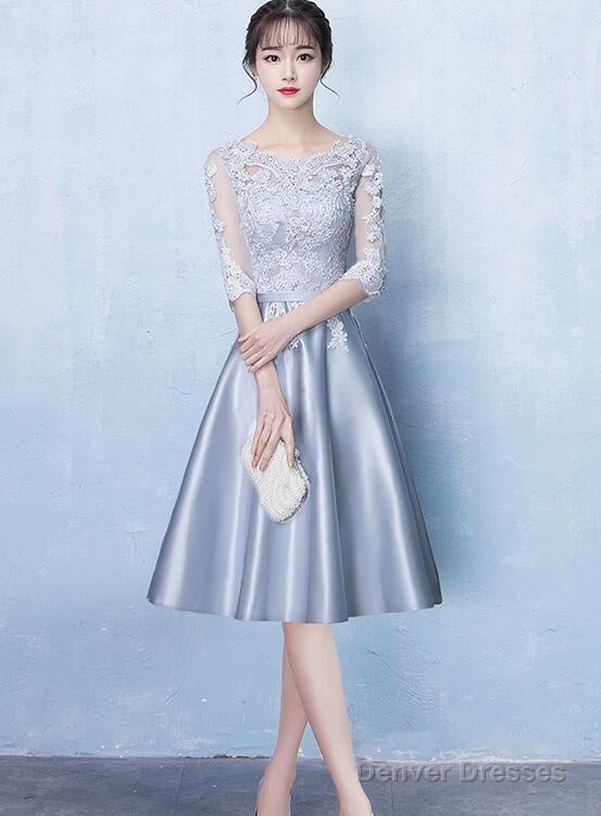 Lovely Sliver Grey Satin And Lace Short Sleeves Homecoming Dress, Short Party Dress Prom Dress Main image