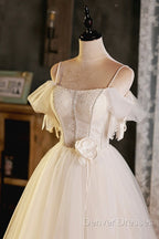 Lovely Spaghetti Strap Tulle Short Prom Dress, Light Champagne A-Line Evening Party Dress