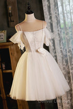 Lovely Spaghetti Strap Tulle Short Prom Dress, Light Champagne A-Line Evening Party Dress