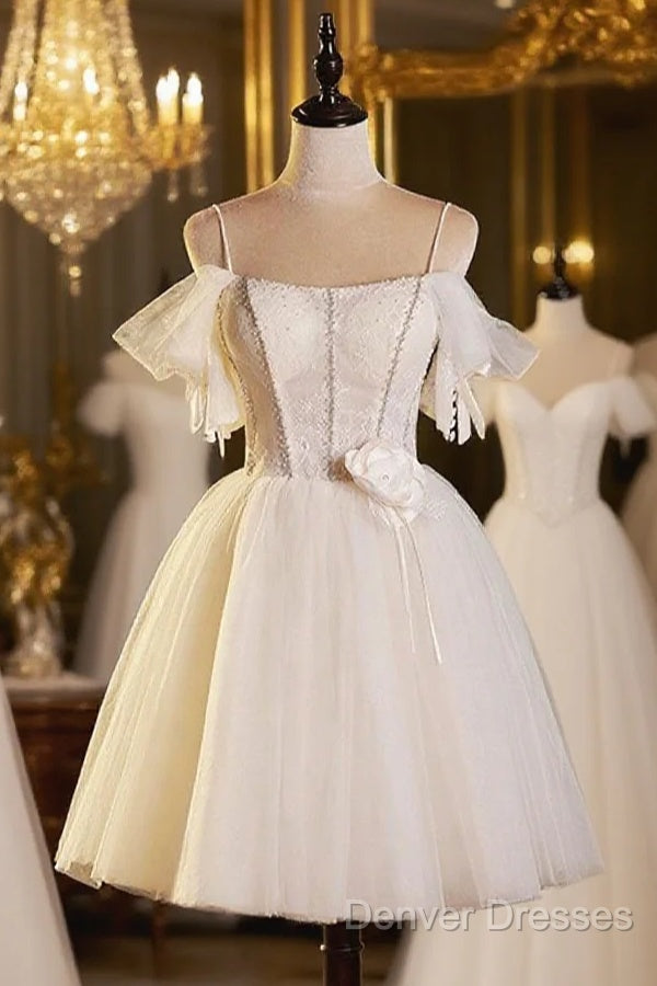 Lovely Spaghetti Strap Tulle Short Prom Dress, Light Champagne A-Line Evening Party Dress Main image