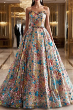 Lovely Sweetheart Floral Sequin Long Prom Dress, A-Line Strapless Evening Dress