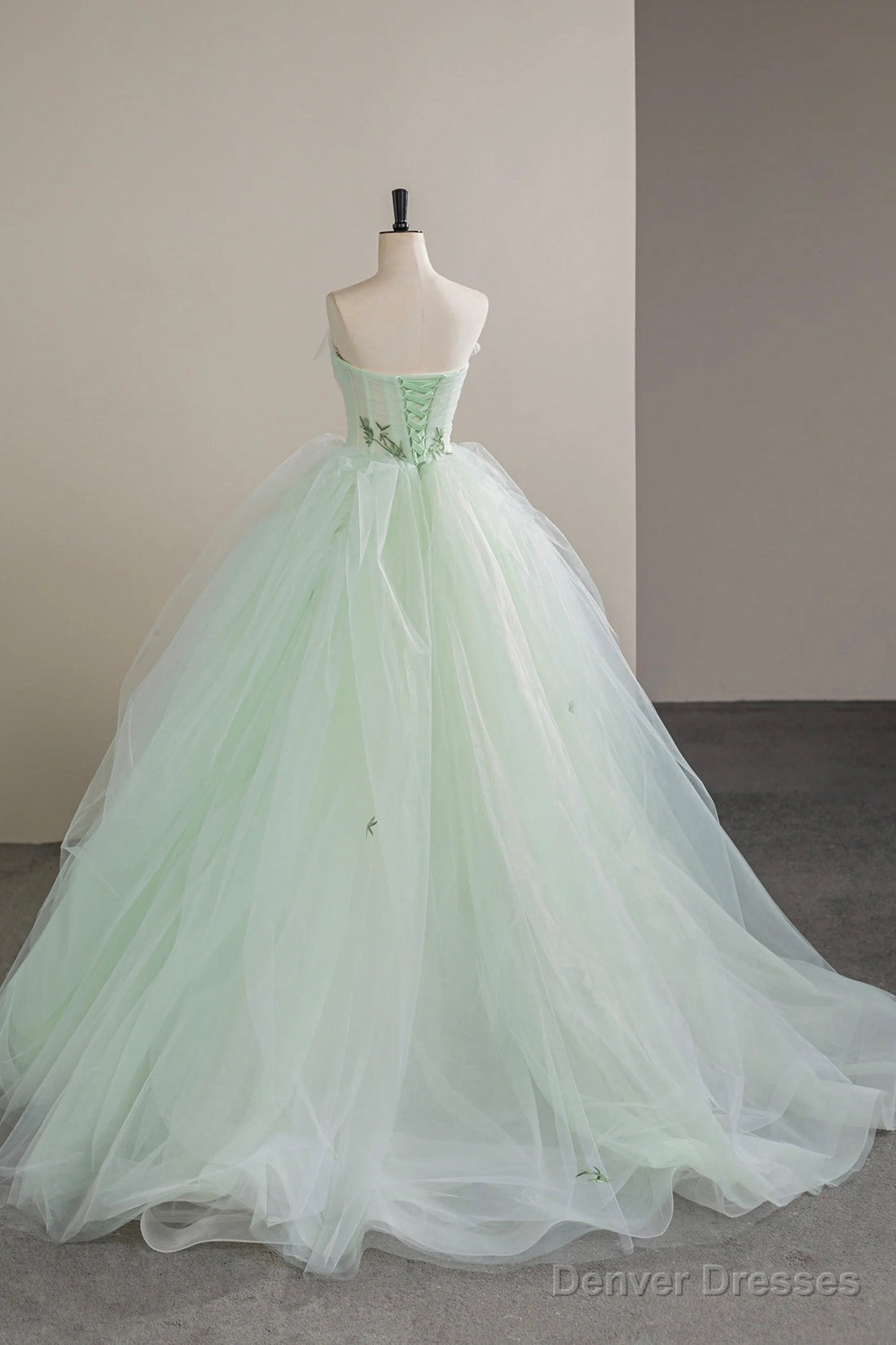 Lovely Sweetheart Neckline Tulle Long Prom Dress with Lace, Green Strapless Evening Dress Secondary image