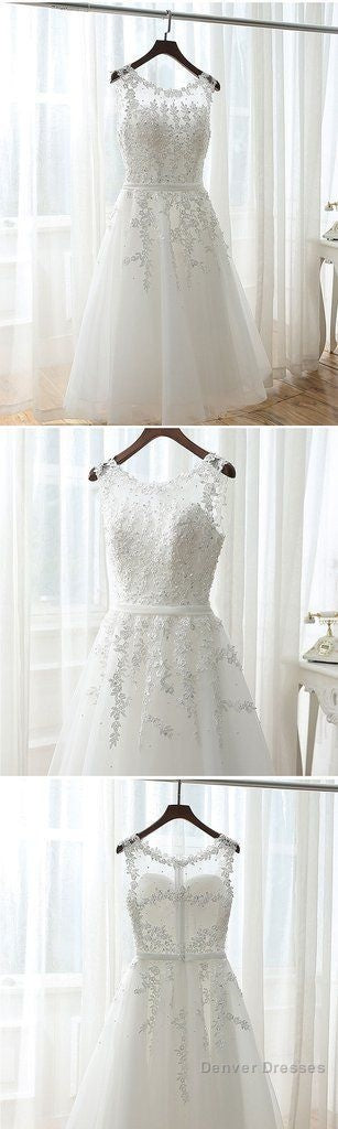 Lovely Tea Length White Tulle And Lace Round Neckline Party Dresses, White Formal Dresses Homecoming Dresses Main image
