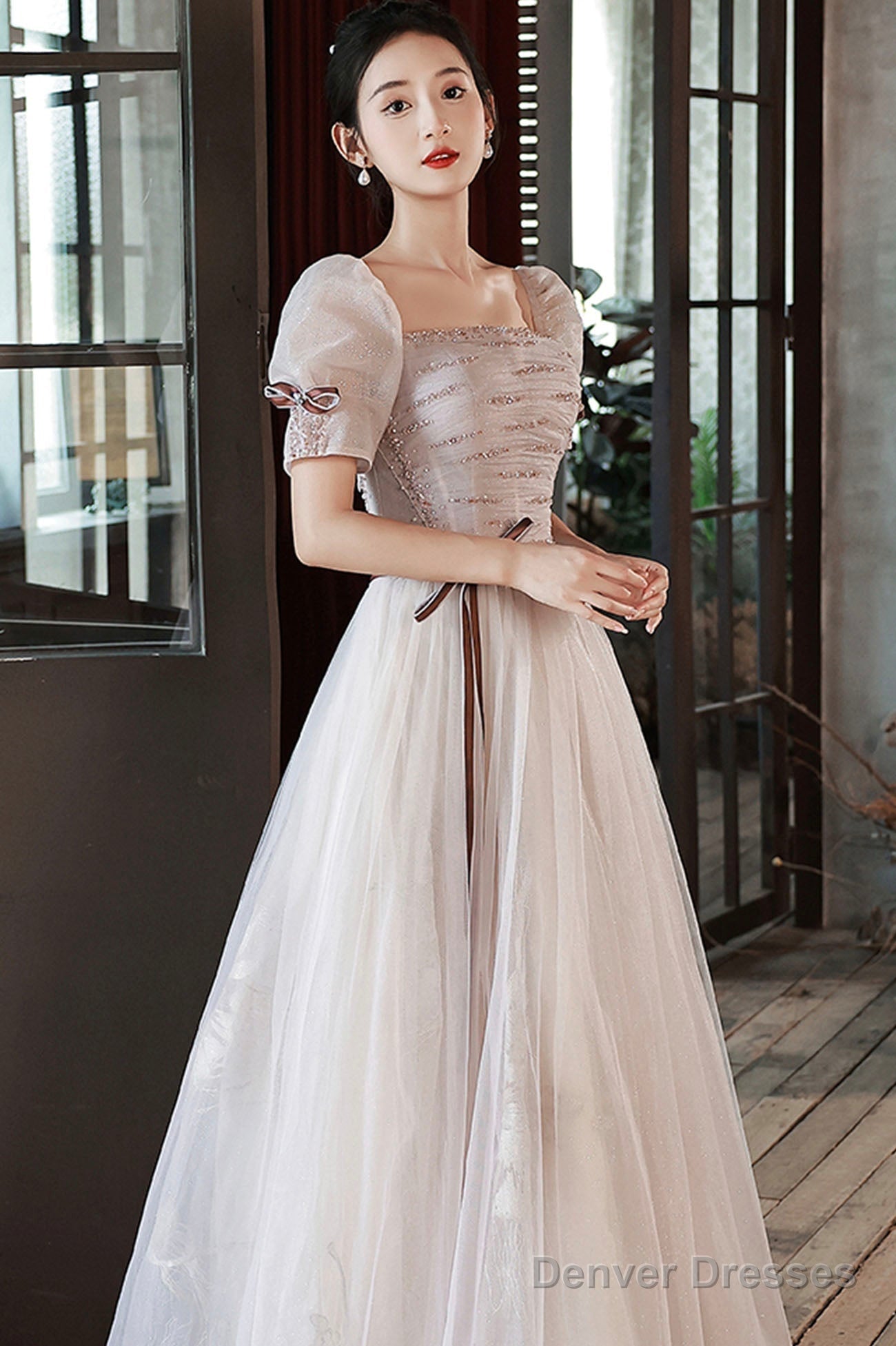 Lovely Tulle Sequins Long Prom Dress, A-Line Short Sleeve Evening Dress Secondary image