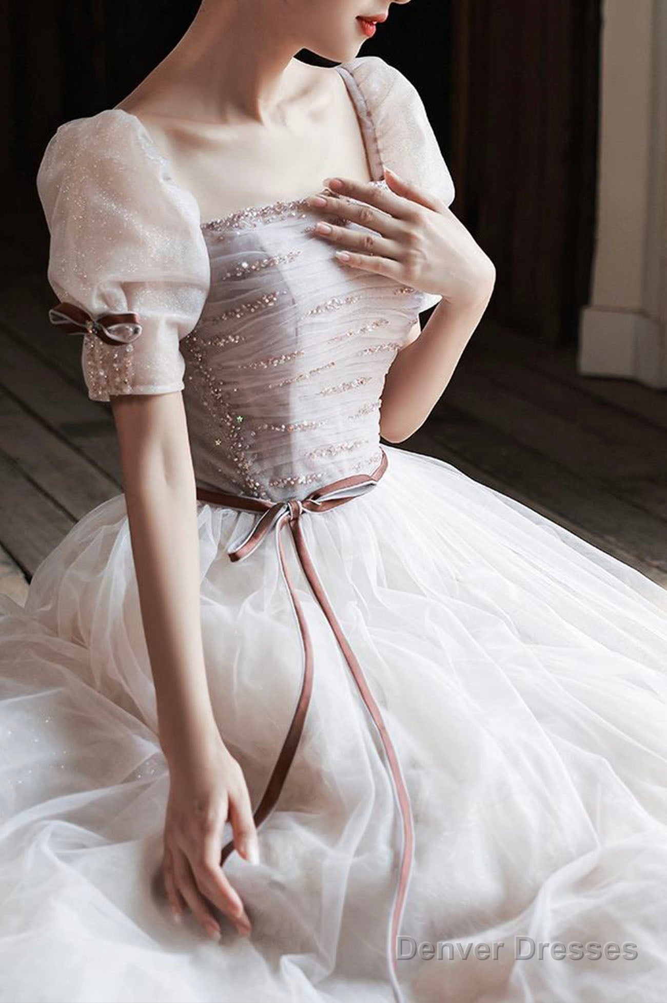 Lovely Tulle Sequins Long Prom Dress, A-Line Short Sleeve Evening Dress