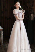 Lovely Tulle Sequins Long Prom Dress, A-Line Short Sleeve Evening Dress