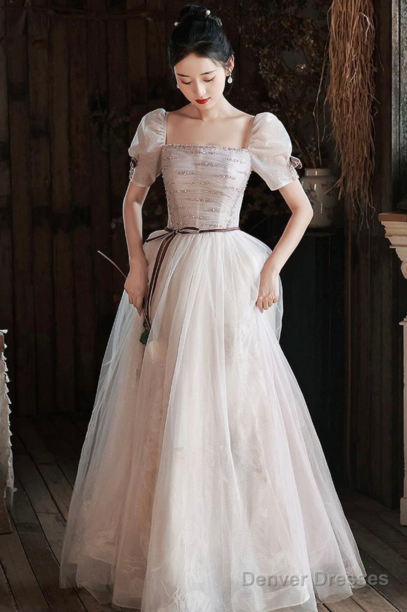 Lovely Tulle Sequins Long Prom Dress, A-Line Short Sleeve Evening Dress Main image