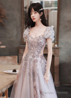 Lovely Tulle Short Sleeves Long A-Line Party Dress, Tulle Evening Dress Prom Dress