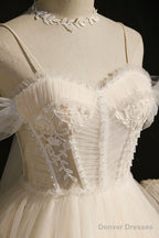 Lovely Tulle Spaghetti Strap Short Prom Dresses, A-Line Lace Homecoming Dresses