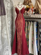 Lovely V-Neckline Straps Spandex With Lace Prom Dress, Long Formal Gowns With Leg Slit