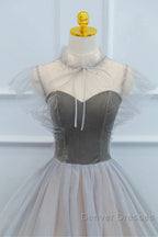 Lovely Velvet And Tulle Floor Length Prom Dress, Gray A-Line Formal Evening Dress