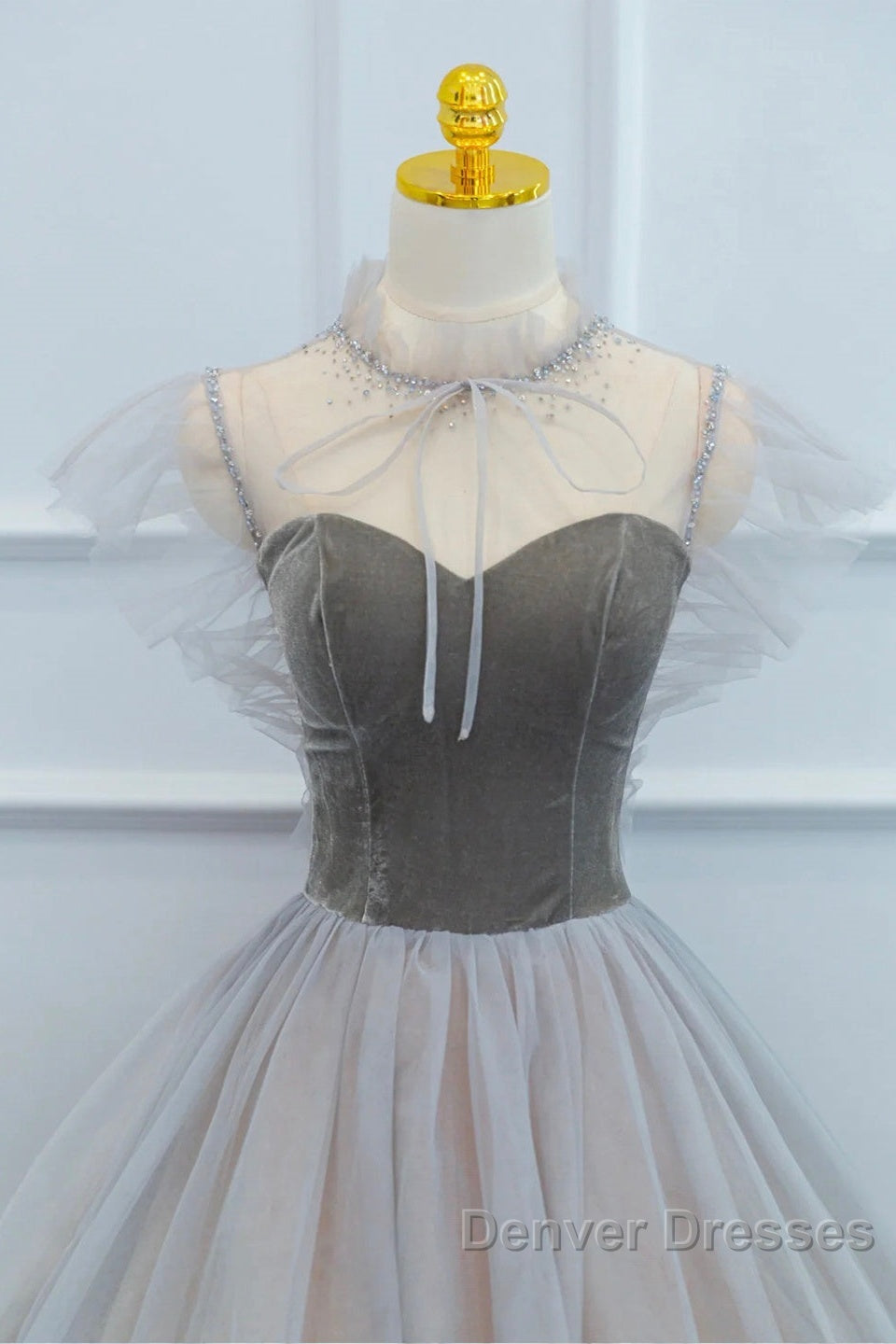 Lovely Velvet And Tulle Floor Length Prom Dress, Gray A-Line Formal Evening Dress