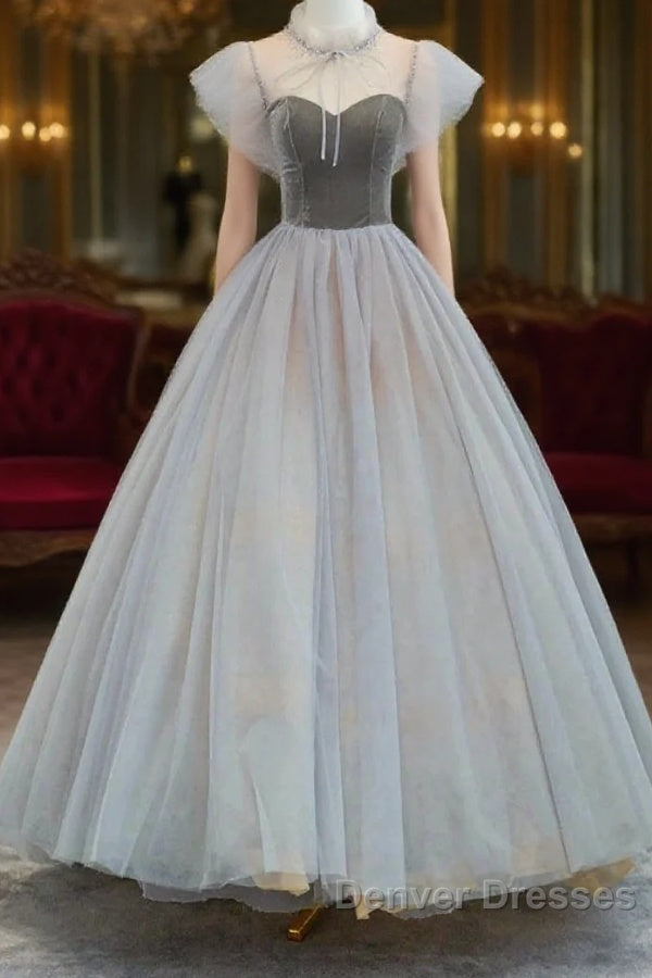 Lovely Velvet And Tulle Floor Length Prom Dress, Gray A-Line Formal Evening Dress Main image