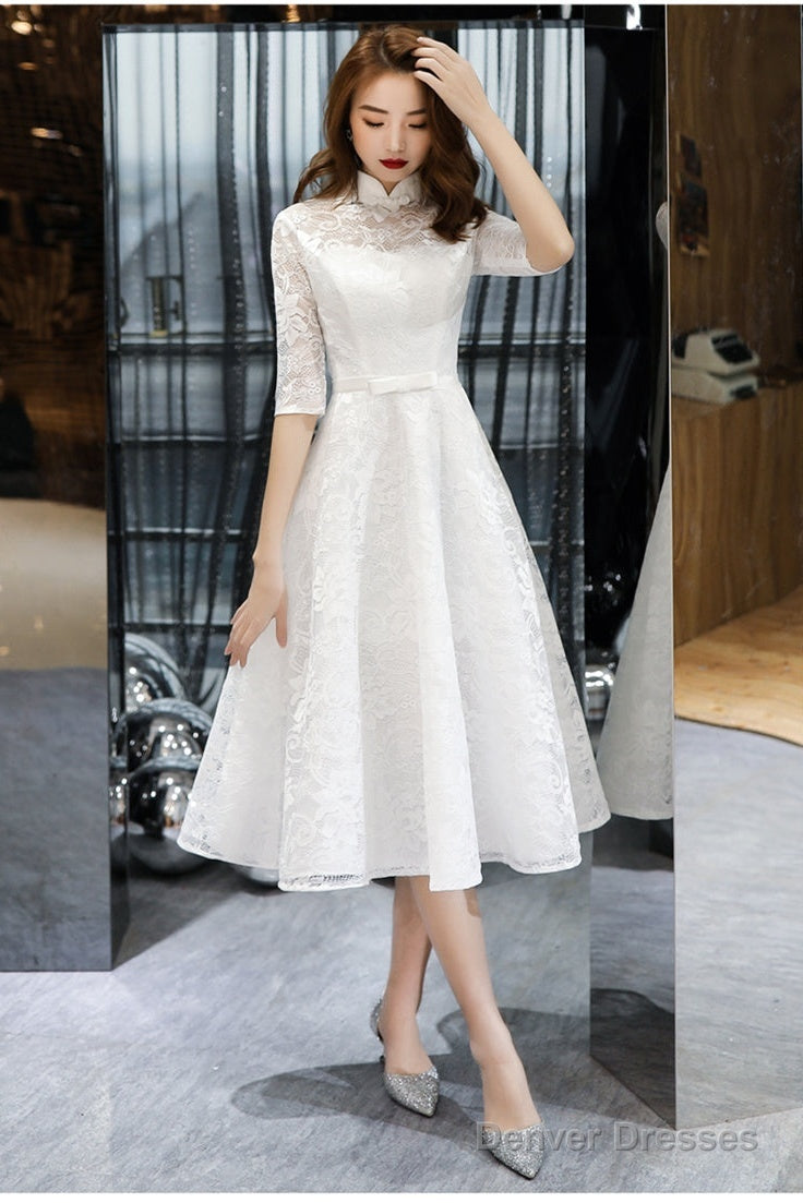 Lovely White Tea Length Lace Simple Short Sleeves Party Dress, White Lace Wedding Party Dress Graduation Dress Secondary image