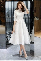 Lovely White Tea Length Lace Simple Short Sleeves Party Dress, White Lace Wedding Party Dress Graduation Dress