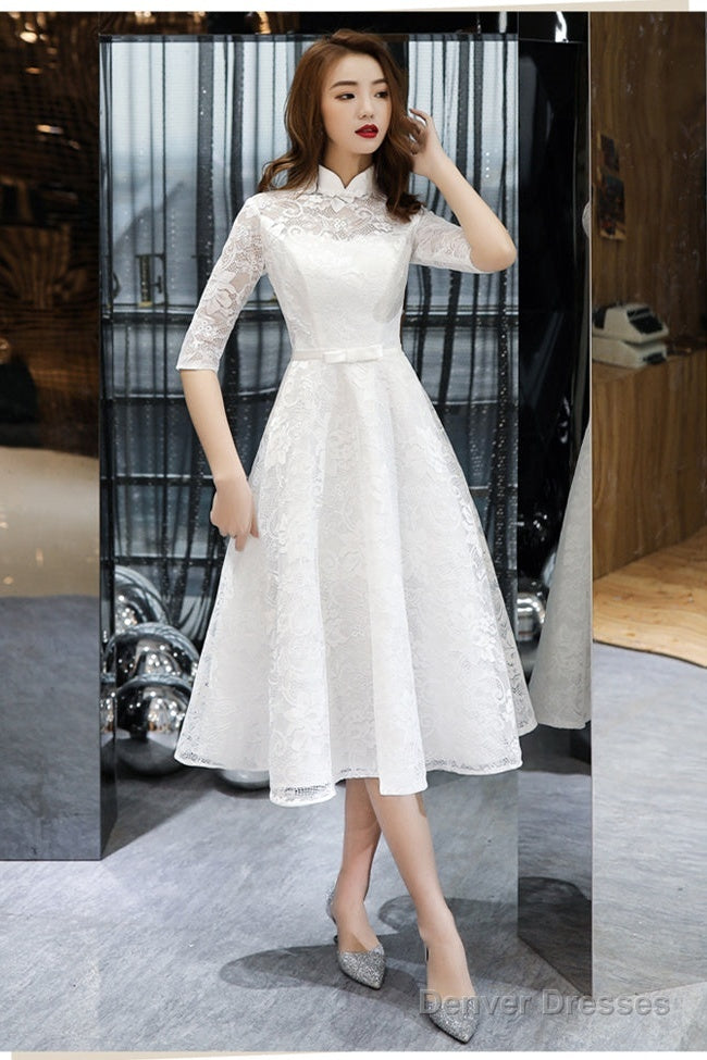 Lovely White Tea Length Lace Simple Short Sleeves Party Dress, White Lace Wedding Party Dress Graduation Dress Main image