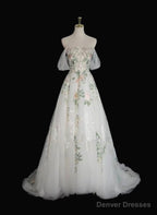 Lovely White Tulle with Floral Lace Off Shoulder Formal Dress, White Tulle Prom Dress