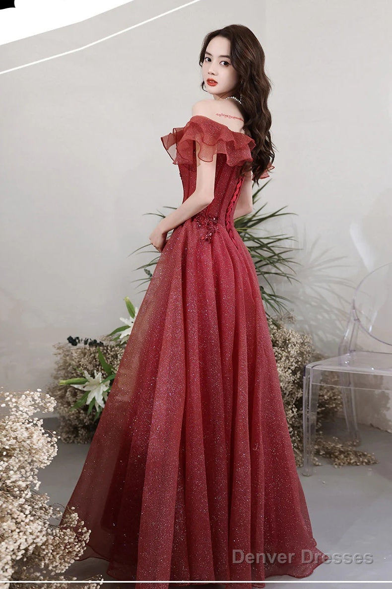 Lovely Wine Red Off Shoulder Tulle With Beadings Party Dress, Wine Red Long Prom Dress