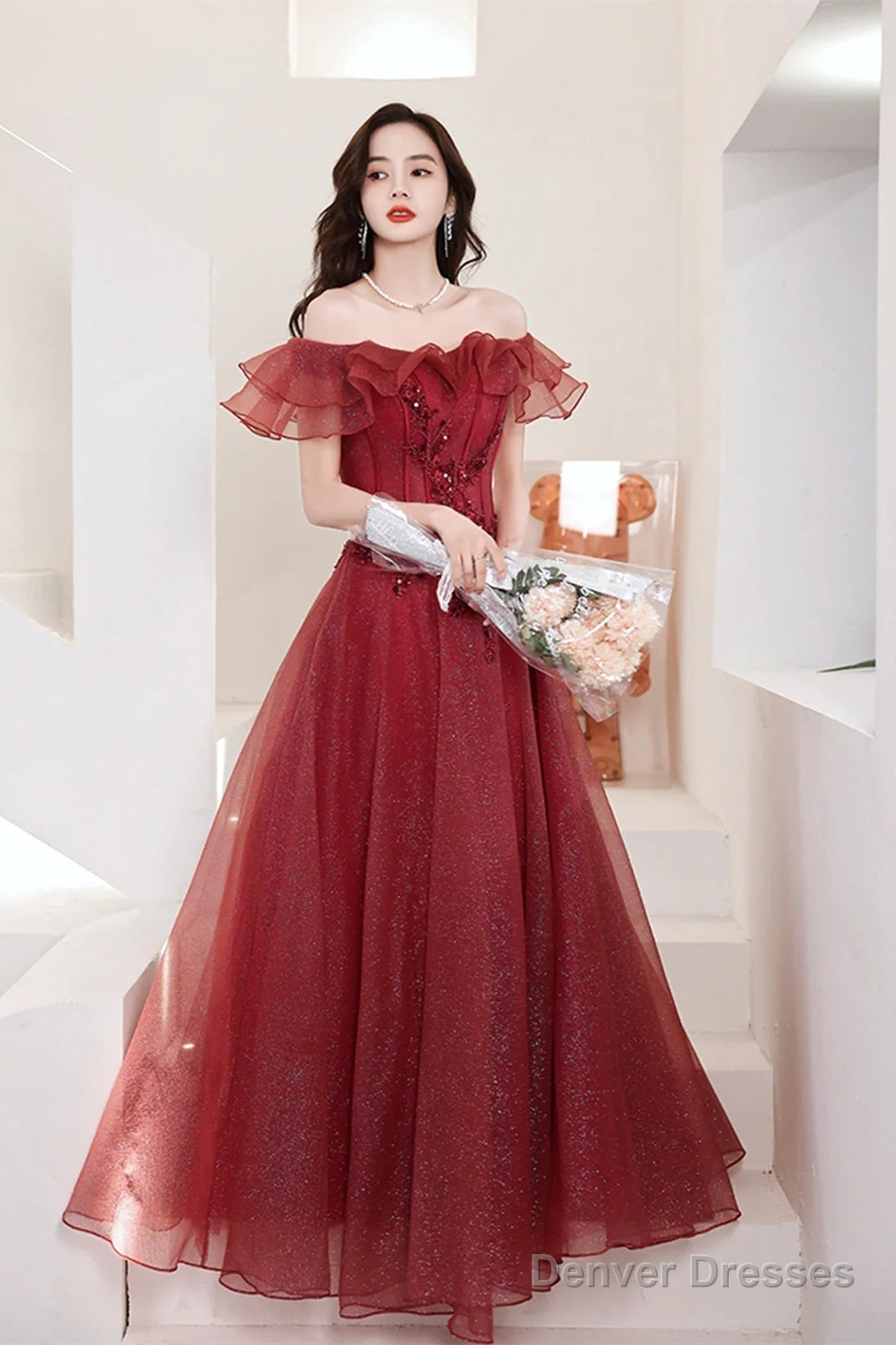 Lovely Wine Red Off Shoulder Tulle With Beadings Party Dress, Wine Red Long Prom Dress