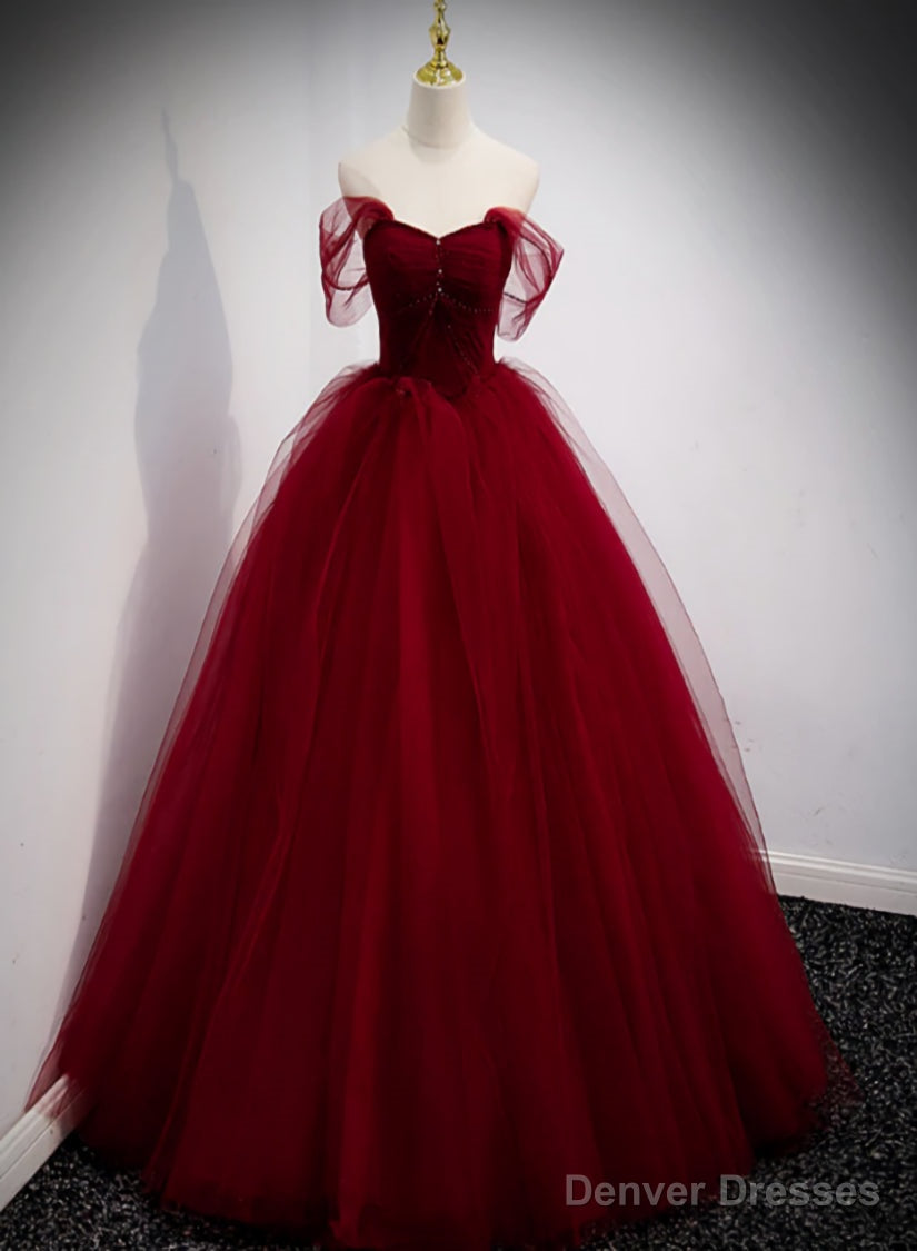 Lovely Wine Red Princess Tulle Beaded Long Party Dress, Dark Red Formal Gown Main image