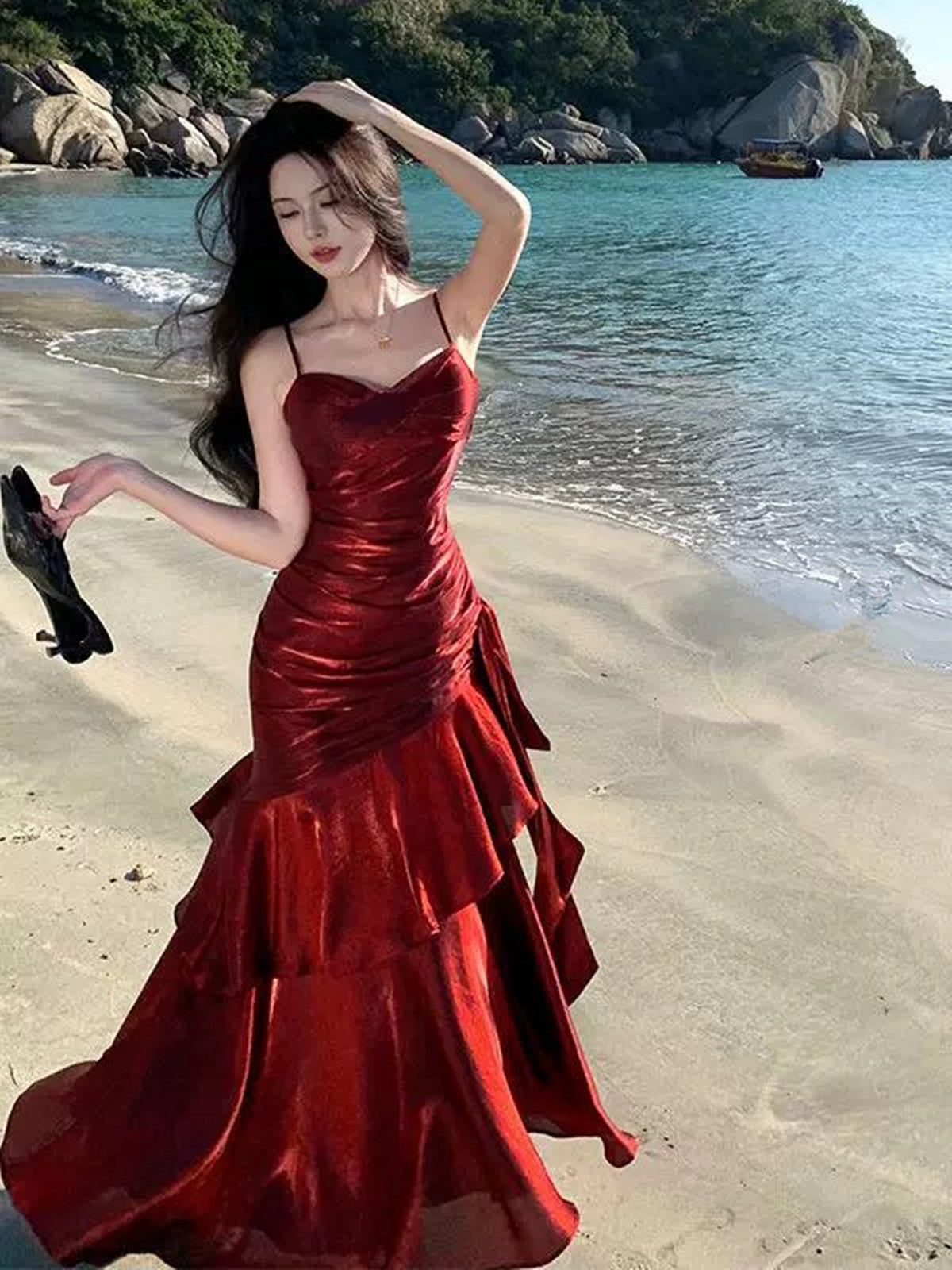 Lovely Wine Red Satin Mermaid Chic Sweetheart Prom Dress, Wine Red Satin Long Eveming Dress Secondary image