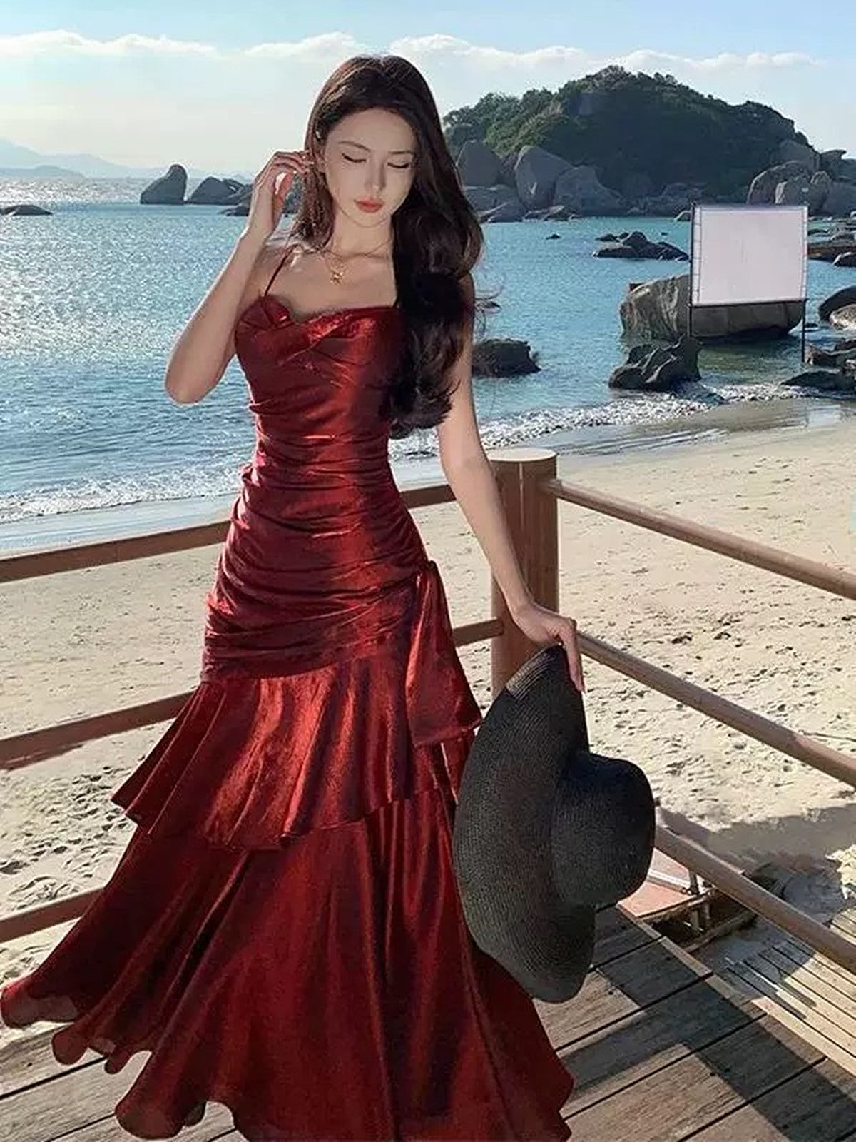 Lovely Wine Red Satin Mermaid Chic Sweetheart Prom Dress, Wine Red Satin Long Eveming Dress Main image