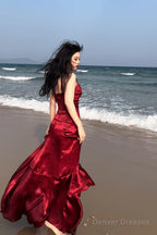 Lovely Wine Red Satin Mermaid Sweetheart Straps Evening Dress, Wine Red Prom Dress