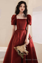 Lovely Wine Red Short Sleeves Organza Party Dress, A-Line Wine Red Prom Dress
