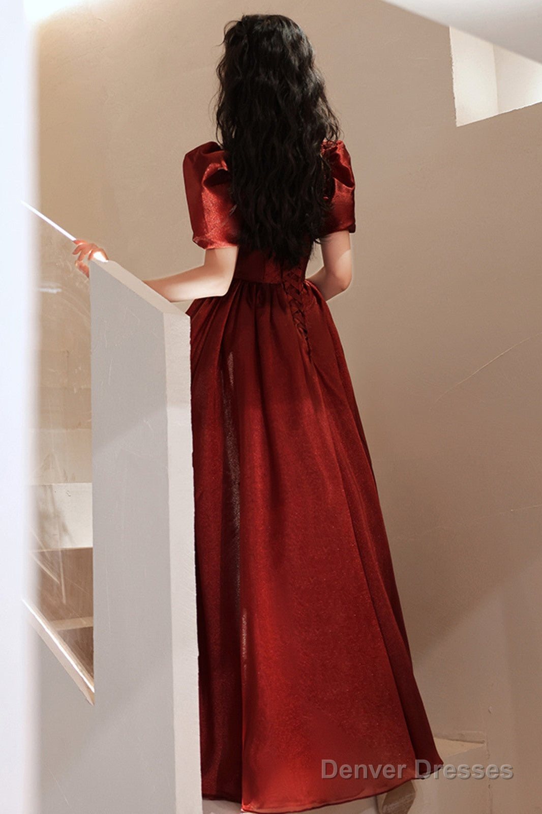 Lovely Wine Red Short Sleeves Organza Party Dress, A-Line Wine Red Prom Dress