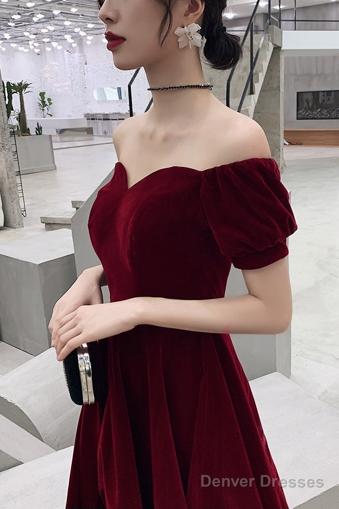 Lovely Wine Red Short Sleeves Velvet Homecoming Dress, Burgundy Prom Dress Formal Dress Secondary image