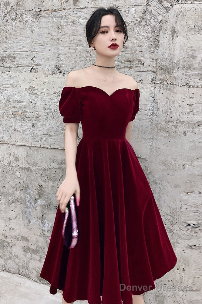 Lovely Wine Red Short Sleeves Velvet Homecoming Dress, Burgundy Prom Dress Formal Dress