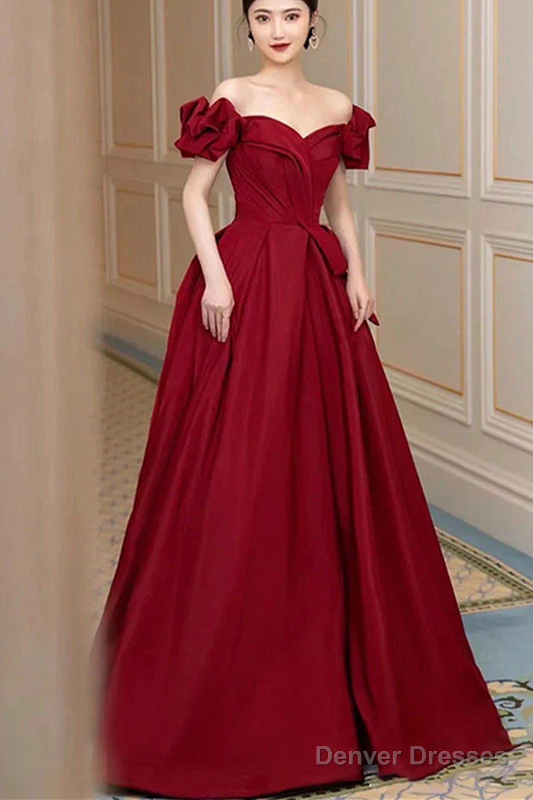 Lovely Wine Red Sweetheart Long A-Line Prom Dress, Off The Shoulder Long Formal Dress