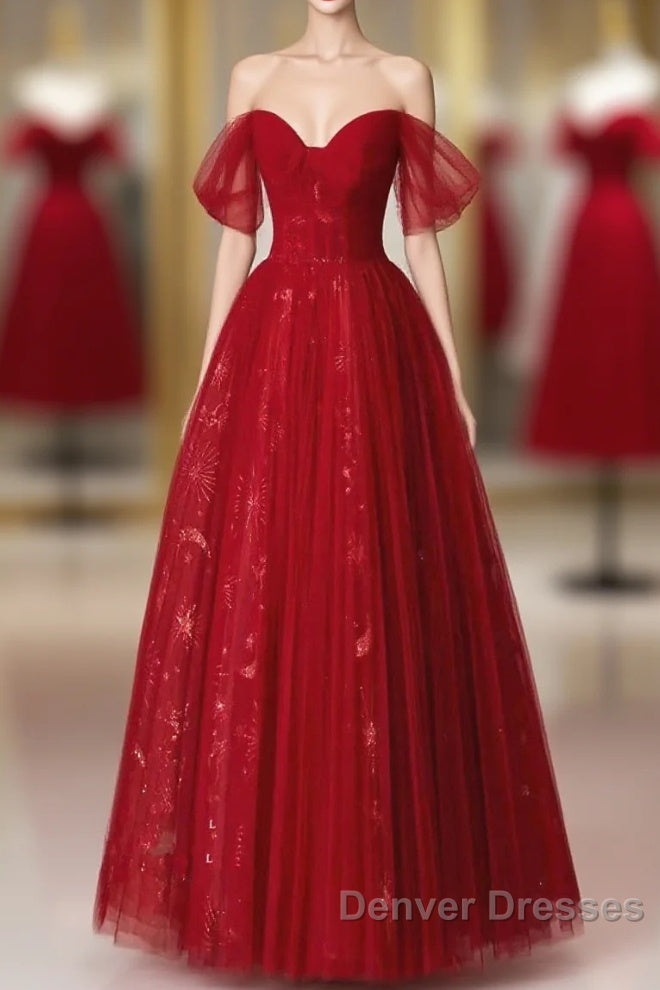 Lovely Wine Red Tulle Sweetheart Off Shoulder Prom Dress, Wine Red Long Party Dress Main image
