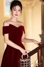 Lovely Wine Red Velvet A-Line Off Shoulder Party Dress, Wine Red Velvet Prom Dress